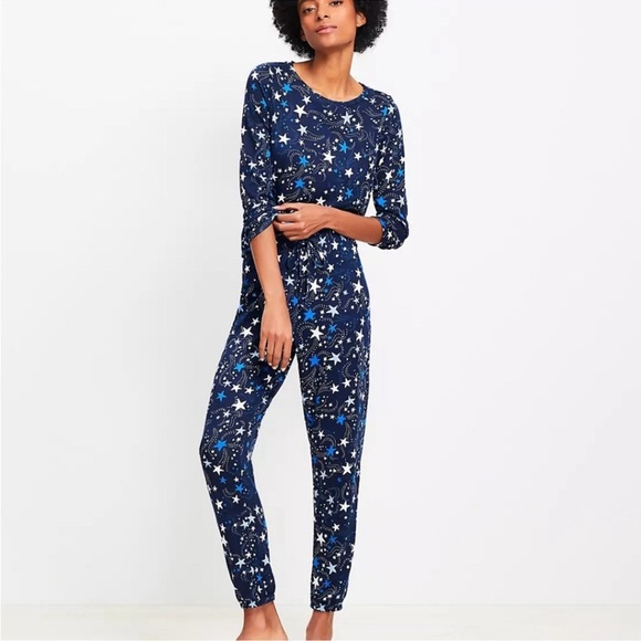 LOFT Other - Ann Taylor Loft Jogger Pajama Set Blue Stars Holiday Cozy Loungewear Sleep NEW